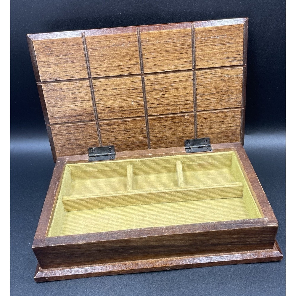 Vintage Carved  Wooden Jewelry Box with Green Corduroy Lining Hinged Lid - MCM